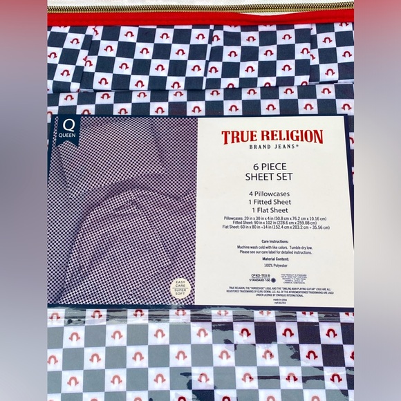 True Religion Blue Red White Plaid Polyester QUEEN Sheet Set 6pc - Picture 12 of 12